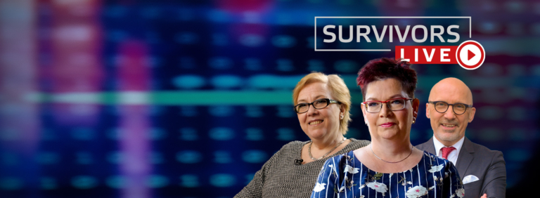 3 Personen vor unscharfem Hintergrund, dazu das Logo "Survivors LIVE"