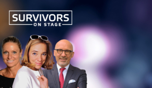 3 Personen vor unscharfem Hintergrund, dazu das Logo "Survivors on Stage"