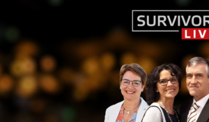 4 Personen vor unscharfem Hintergrund und das Logo "Survivors Live"