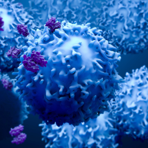 mehrere blaue Krebszellen illustriert mit anhaftenden Partikeln