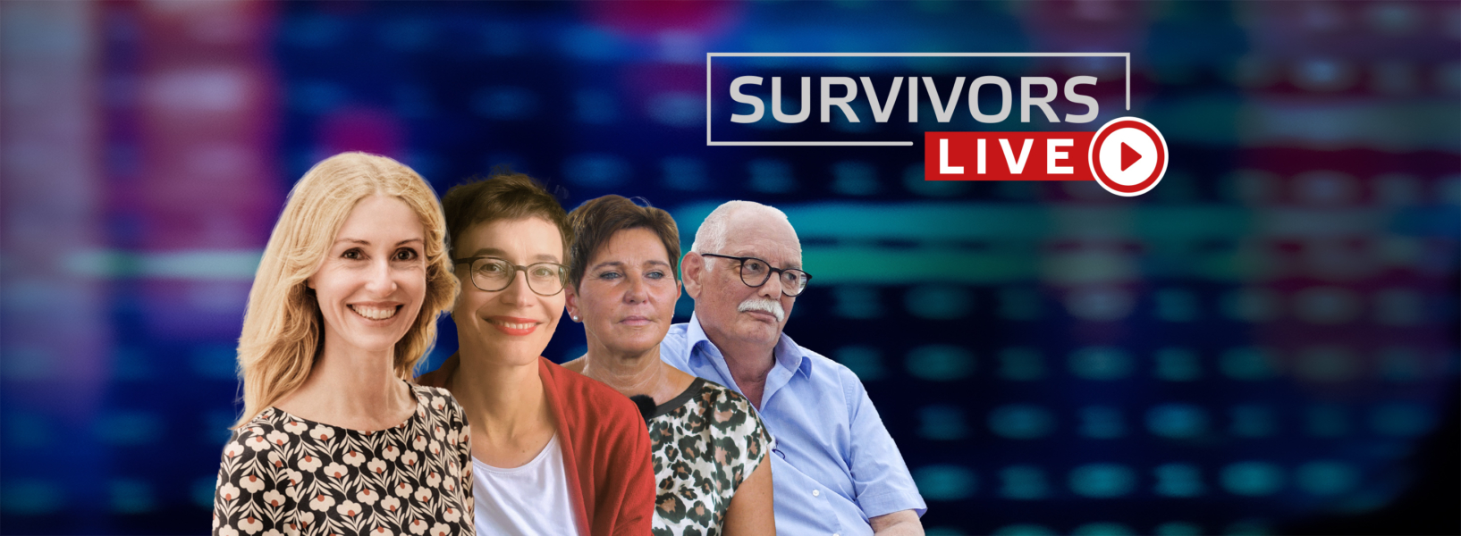 4 Personen gestaffelt vor unscharfem Hintergrund mit dem Logo "Survivors Live"