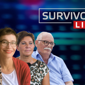 4 Personen gestaffelt vor unscharfem Hintergrund mit dem Logo "Survivors Live"