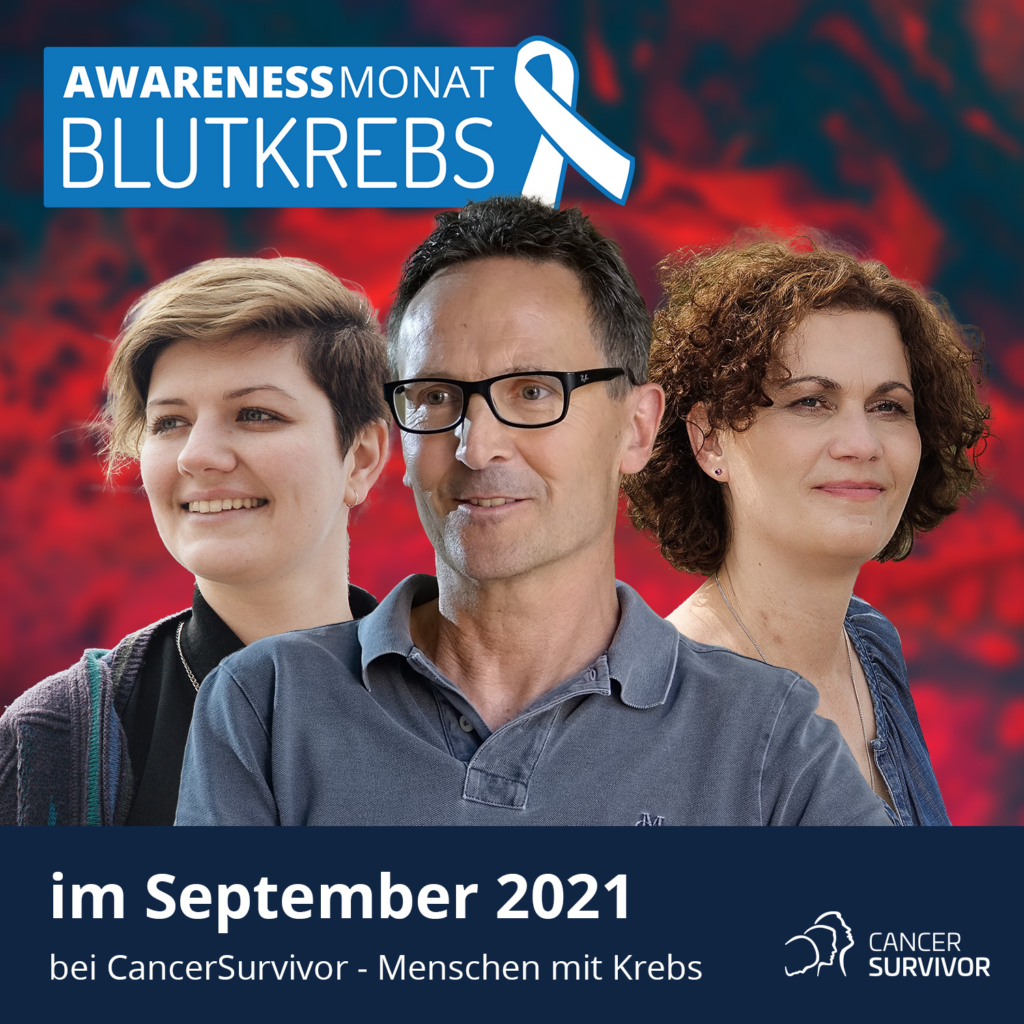 Drei Personen stehen gestaffelt nebeneinander, es sind Menschen mit Blutkrebs, darüber das Logo zum Awareness-Monat Blutkrebs im September