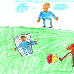 Kinderzeichnung eines glücklichen Sports mit Familie und Fußball