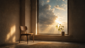 Ein schlichter Holzstuhl steht in einem ruhigen Raum neben einem großen Fenster. Durch aufbrechende Wolken fällt warmes Morgenlicht auf den Boden, während eine kleine Topfpflanze auf der Fensterbank dem Licht entgegenwächst