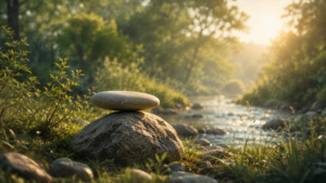 Ein flacher Stein liegt ausbalanciert auf einem größeren Felsen am Ufer eines ruhigen Bachs. Weiches Morgenlicht, sanftes Grün und fließendes Wasser schaffen eine Atmosphäre von Ruhe, Gleichgewicht und Erholung.