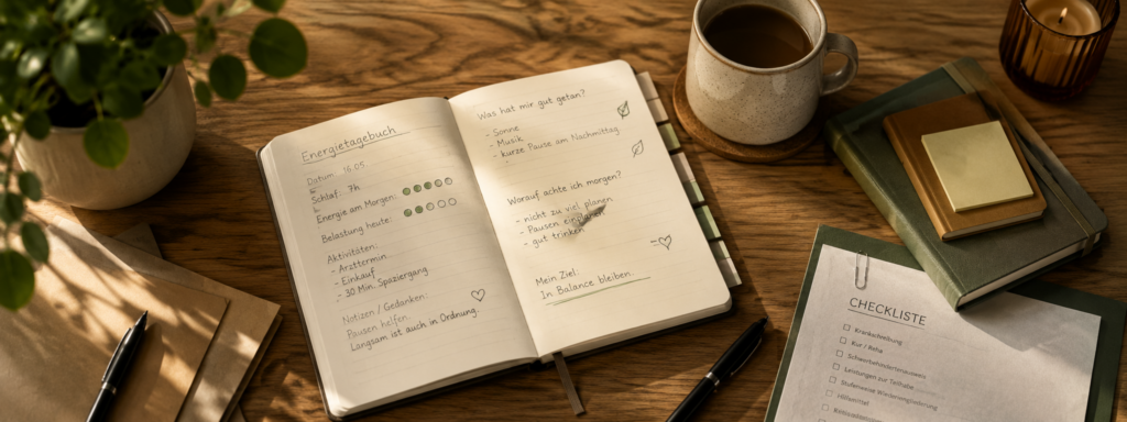 Aufgeräumter Schreibtisch aus der Vogelperspektive mit einem geöffneten Notizbuch, einer Kaffeetasse, Stift, Unterlagen und einer Pflanze. Die warme, ruhige Atmosphäre vermittelt Struktur, Planung und Dokumentation im Alltag.